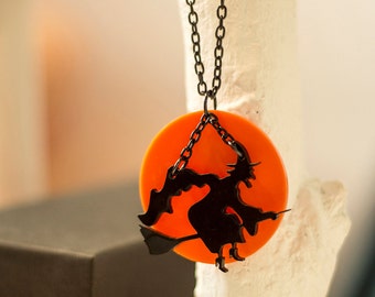 Halloween Jewelry,Flying Witch Necklace,Lasercut Acrylic