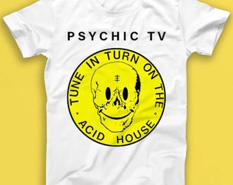 May include: White t-shirt with a black and yellow graphic print. The graphic is a circle with the text "Tune In Turn On The Acid House" and a skull with a smiley face.