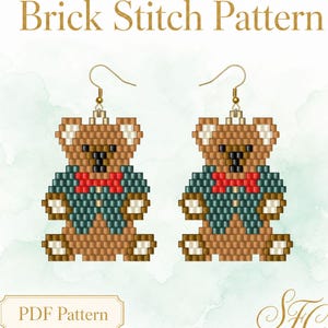 May include: A pair of beaded earrings featuring a teddy bear design in brown, teal, red, black, and white, created with a brick stitch pattern. The text Brick Stitch Pattern and PDF Pattern are visible on the page with the bear illustrations.