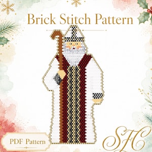 Peut inclure: Un modèle de point brique représentant Saint Nicolas portant une robe blanche, rouge et noire avec une mitre assortie et tenant un bâton marron. Le texte Brick Stitch Pattern et PDF Pattern est visible sur le fond blanc.