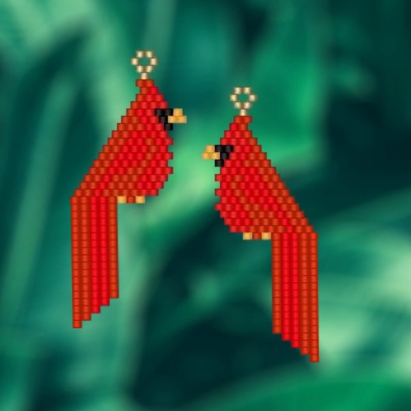 Fringed Tail Cardinal - Seed Bead Brick Stitch Earring/Pendant Pattern Chart PDF - Instant Download