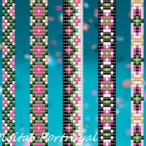 May include: Five different beading patterns for bracelets, each with a black, white, green, and pink color scheme. The patterns feature geometric shapes and floral designs.
