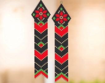 Poinsettias on Black - Long Seed Bead Brick Stitch Earring Pattern Chart PDF - Instant Download