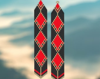 Rhombi in Black and Red  - Adjustable Length Long Seed Bead Brick Stitch Earring Pattern Chart PDF - Instant Download