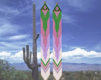 Extra Long Shoulder Duster Earrings in Purple and Green - Seed Bead Brick Stitch Earring Pattern Chart PDF - Instant Download