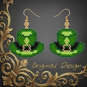 May include: A pair of beaded earrings shaped like a green leprechaun hat, featuring a black band and gold details. The earrings have gold-coloured ear wires and a decorative gold bead. The image includes the text "Original Design".