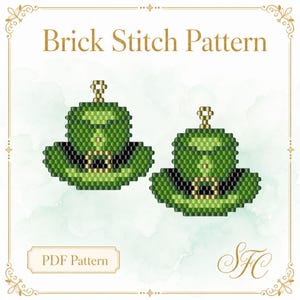 May include: A digital Brick Stitch Pattern featuring two green leprechaun hat designs with black bands and gold buckles. The text Brick Stitch Pattern and PDF Pattern are visible. The design is rendered in a pixelated beadwork style with a gold loop at the top of each hat for hanging.