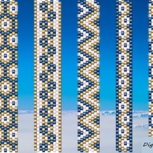 May include: Five different beading patterns in white, gold, and blue colours. The patterns are vertical and are shown against a blue sky background.