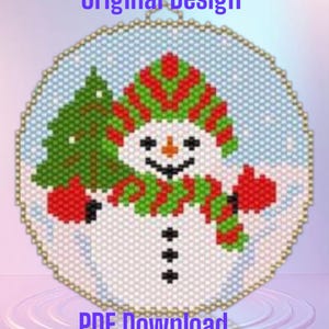Peyote Stitch Happy Snowman Christmas Beaded Ornament Flat Circular Pattern Chart PDF - Instant Download