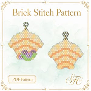 May include: A Brick Stitch Pattern PDF featuring two beaded earring designs in shades of peach, orange, and cream. One earring includes a purple and green floral accent. Both designs have a small metal loop at the top for attachment.