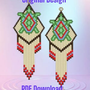 Żółw - Kolczyki z frędzlami w stylu western, ściegiem cegiełkowym, PDF - Pobierz natychmiast Koraliki nasienne, tkanie koralikowe