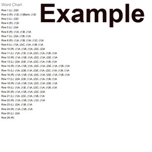 May include: A word chart with the word "Example" at the top. The chart lists rows of letters and numbers, such as "Row 1 (L) (2)D" and "Row 2 (R) (1)D. (1)Blank, (1)D".