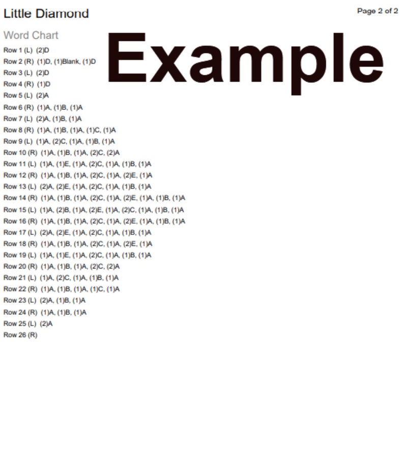 May include: A word chart with the word "Example" at the top. The chart lists rows of letters and numbers, such as "Row 1 (L) (2)D" and "Row 2 (R) (1)D. (1)Blank, (1)D".