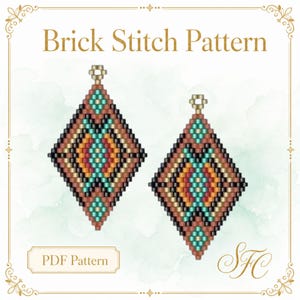 May include: A digital Brick Stitch Pattern PDF featuring two diamond-shaped beaded earring designs. The patterns use a geometric color palette of turquoise, orange, brown, and black beads, each topped with a small gold-colored jump ring loop.
