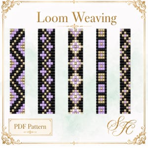 May include: Five vertical strips of loom weaving bead patterns featuring black, lavender, and gold beads in geometric designs. The text Loom Weaving and PDF Pattern are visible. The design is framed by a gold border with decorative corners.