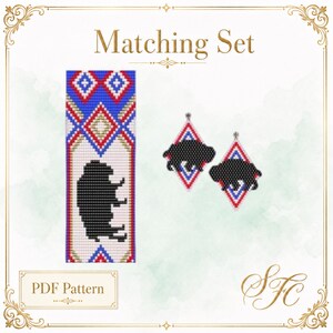 May include: A PDF pattern for a matching set featuring a rectangular beaded strip and two diamond-shaped earrings. The design incorporates a black buffalo silhouette against a white background with red, blue, and white geometric diamond borders.