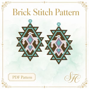 May include: A digital Brick Stitch Pattern PDF featuring two identical beaded earring designs. The earrings are diamond-shaped with a brown background, a white bird silhouette, and turquoise and lavender accents. The text reads Brick Stitch Pattern.