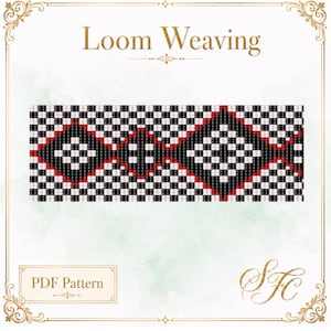 May include: A digital PDF pattern for loom weaving featuring a repeating geometric design. The pattern displays a black, white, and red checkered grid with large diamond shapes. The text "Loom Weaving" and "PDF Pattern" are visible on the page.