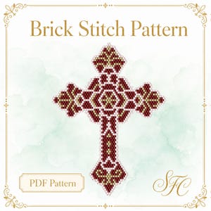 May include: A digital brick stitch pattern featuring a cross design composed of deep red, gold, and white beads. The text Brick Stitch Pattern is displayed at the top, and the text PDF Pattern is in a box at the bottom left corner.