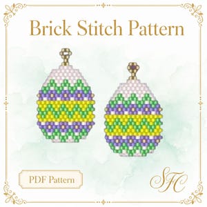 May include: A Brick Stitch Pattern PDF Pattern featuring two egg-shaped beaded designs. Each egg displays horizontal rows of white, green, purple, and yellow beads in a zigzag arrangement, topped with a small gold-coloured metal loop component.