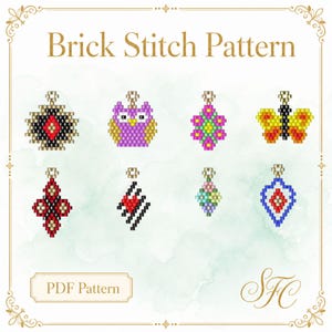 May include: A digital Brick Stitch Pattern PDF featuring eight colourful beaded charm designs. The motifs include a geometric diamond, a purple owl, a floral shape, a butterfly, a cross, a heart, a cluster, and a blue-bordered diamond shape.