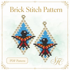 Op de afbeelding: Een Brick Stitch patroon PDF met twee ruitvormige kralen oorbellen. Elke oorbel toont een centraal zwart vogelmotief met rode en oranje accenten tegen een lichtblauwe achtergrond, omlijst door crèmekleurige kralen.