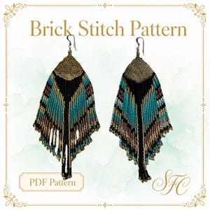 May include: A pair of beaded fringe earrings featuring a brick stitch pattern in gold, turquoise, black, and mauve. The text "Brick Stitch Pattern" and "PDF Pattern" is visible along with the initials "SFC" in the corners of the image.