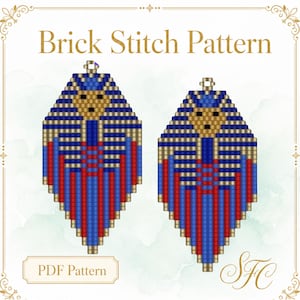 May include: A digital Brick Stitch Pattern featuring two symmetrical, diamond-shaped beaded earring designs. The patterns use a color palette of blue, red, and gold, depicting a stylized pharaoh mask. Text reads Brick Stitch Pattern and PDF Pattern.