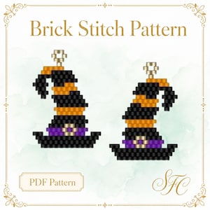 May include: A digital Brick Stitch Pattern featuring two witch hat designs made of black, orange, and purple beads. The hats have a striped crown and a purple band with a central accent. The text Brick Stitch Pattern and PDF Pattern are visible.