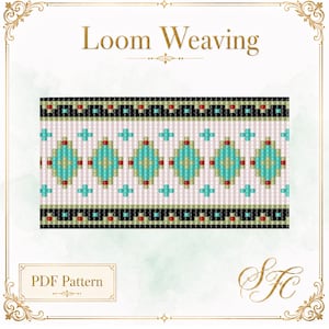 May include: A loom weaving PDF pattern featuring a repeating geometric design with turquoise, red, and light green beads on a white background, framed by black and green borders. The text Loom Weaving and PDF Pattern are clearly visible.