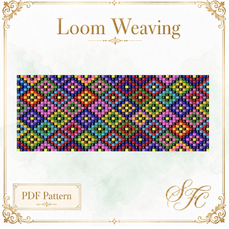 Op de afbeelding: Een rechthoekig weefpatroon als PDF met een herhalend geometrisch ruitontwerp bestaande uit kleine, veelkleurige kralen in tinten blauw, groen, geel, oranje, roze en paars, met de tekst Loom Weaving en PDF Pattern.