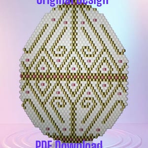 May include: A white beaded egg with a geometric pattern in gold and pink beads. The egg is sitting on a blue and purple background with the text "Original Design" and "PDF Download".