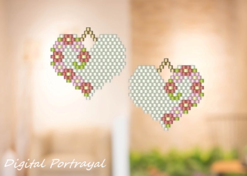 Floral Heart Seed Bead Brick Stitch Earring Pattern Chart PDF Instant Download image 1