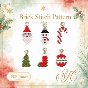 May include: A digital Brick Stitch Pattern featuring six Christmas-themed bead designs: a Santa Claus, a snowman, a candy cane, a pine tree, a stocking, and a round ornament. Each design includes a gold jump ring at the top for hanging.
