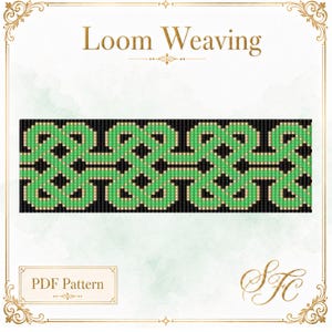 May include: A digital loom weaving PDF pattern featuring a repeating Celtic knot design in bright green, black, and tan beads. The rectangular graphic is centered within a decorative frame with the text Loom Weaving and PDF Pattern.