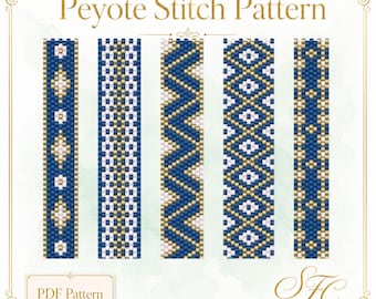 Vul je pols - 5 smalle peyote-kraalarmbandpatronen pdf - blauw en goud - alleen grafiekgrafiek - geen woordgrafiek - direct downloaden