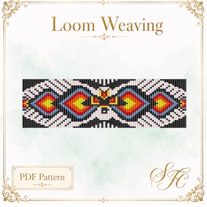May include: A rectangular loom weaving PDF pattern featuring a geometric design with black, white, yellow, red, and blue pixels. The text Loom Weaving appears at the top, and PDF Pattern is in a box at the bottom left with SFC in the bottom right.