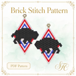 May include: A digital Brick Stitch Pattern PDF featuring two diamond-shaped earring designs. Each earring displays a black buffalo silhouette centered within a geometric border of red, white, and blue beads. The text Brick Stitch Pattern and PDF Pattern are visible.