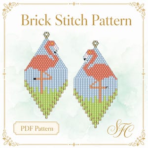 May include: A Brick Stitch Pattern PDF document featuring two diamond-shaped beaded earring designs. Each design displays a pink flamingo standing in light green grass against a light blue background, with a small gold loop at the top.