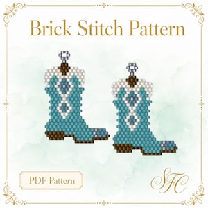 May include: A digital Brick Stitch Pattern featuring two cowboy boots made of teal, white, and brown beads. The text Brick Stitch Pattern and PDF Pattern are visible. The design includes a small silver loop at the top of each boot for hanging.