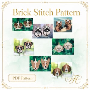 May include: A Brick Stitch Pattern PDF document featuring multiple beadwork designs of various dog breeds including a husky, boxer, beagle, and German shepherd. Each design shows a pair of dog-shaped beaded earrings with small gold loops.