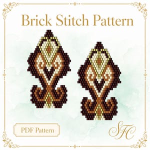 May include: A Brick Stitch Pattern PDF design featuring two identical symmetrical beaded shapes in shades of dark brown, copper, and cream. The graphic displays a pointed top and a curved base with intricate geometric details and the text Brick Stitch Pattern.