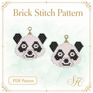 May include: A digital PDF pattern for a brick stitch bead design featuring two panda faces. The pandas are rendered in white and black beads with gold-toned jump rings at the top. The text Brick Stitch Pattern and PDF Pattern are visible.