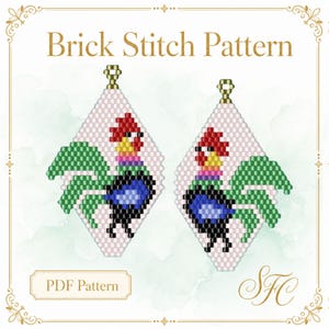 May include: A digital Brick Stitch Pattern PDF featuring two diamond-shaped beaded earring designs. Each earring displays a colorful rooster with a red comb, yellow head, pink neck, blue body, and green tail feathers on a white background.