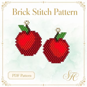 May include: A digital Brick Stitch Pattern featuring two red apple designs with green leaves and small metallic loops at the top. The text Brick Stitch Pattern and PDF Pattern are displayed in gold lettering against a white background.
