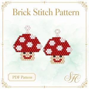 Puede incluir: Un patr&oacute;n PDF Brick Stitch con dos dise&ntilde;os de setas hechas con cuentas. Cada seta tiene un sombrero rojo con puntos blancos, un tallo beige, ojos negros y una boca roja. Un peque&ntilde;o lazo blanco corona cada sombrero. El texto dice Brick Stitch Pattern.