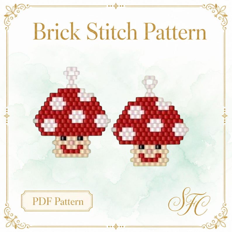 Puede incluir: Un patr&oacute;n PDF Brick Stitch con dos dise&ntilde;os de setas hechas con cuentas. Cada seta tiene un sombrero rojo con puntos blancos, un tallo beige, ojos negros y una boca roja. Un peque&ntilde;o lazo blanco corona cada sombrero. El texto dice Brick Stitch Pattern.