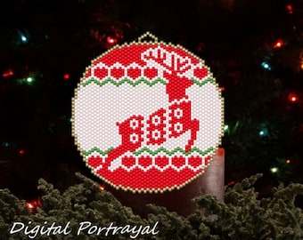 Peyote Stitch Nordic Reindeer Christmas Beaded Ornament Flat Circular Pattern Chart PDF - Instant Download