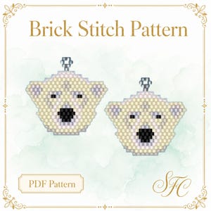 May include: A digital Brick Stitch Pattern featuring two polar bear head designs crafted from cream, white, and black beads. Each bear head includes a small silver jump ring at the top. The text reads Brick Stitch Pattern and PDF Pattern.