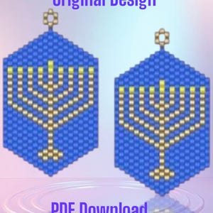 May include: Two blue beaded earrings featuring a gold menorah design. The earrings are hexagonal in shape, with a small loop at the top. The image also includes the text "Original Design" and "PDF Download".